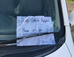 Someone got their car stuck in the sand lot across from our house and walked home for help.  Next thing we knew a tow truck had pulled them free and I assumed they had called for it, until I walked by and saw it had been an act of random Kiwi Kindness.