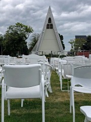 One of the first earthquake memorials, with the transitional cathedral rising behind